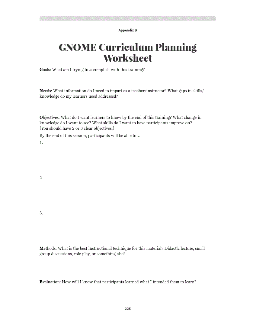 First page of GNOME Curriculum Planning Worksheet