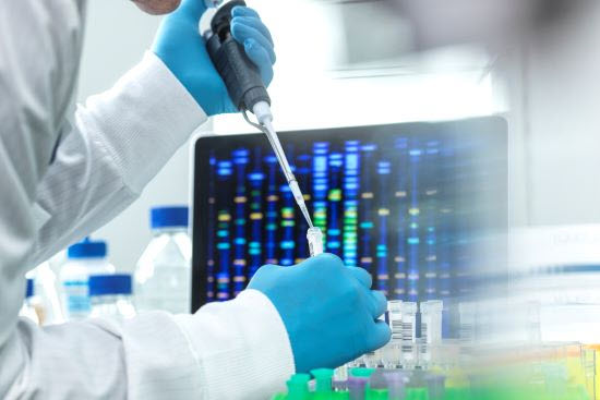 A lab technician with blue gloves uses a pipette to transfer liquid from a test tube.
