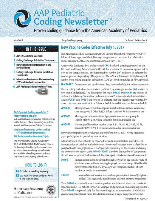 New Vaccine Codes Effective July 1, 2017 | AAP Pediatric Coding ...