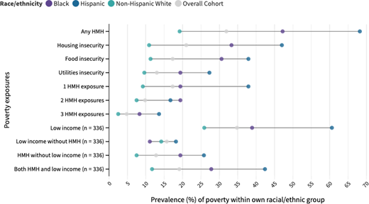 Poverty exposures by race/ethnicity in a clinical trial for children with newly diagnosed acute lymphoblastic leukemia. HMH, household material hardship (housing, food, and/or utilities insecurity); low income, household income <200% Federal Poverty Level.