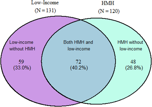 Distribution of discrete (low-income or HMH) and overlapping (both low income and HMH) poverty exposures among the n = 179 children with ALL whose families report poverty exposure at time of clinical trial enrollment. n = 336/375 families provided complete income and HMH data for analysis, of whom n = 179 reported at least 1 poverty exposure. HMH, household material hardship; low income, household income <200% of the federal poverty level.