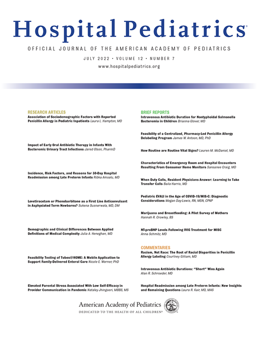 Hospital Pediatrics Cover Image for Volume 12, Issue 7