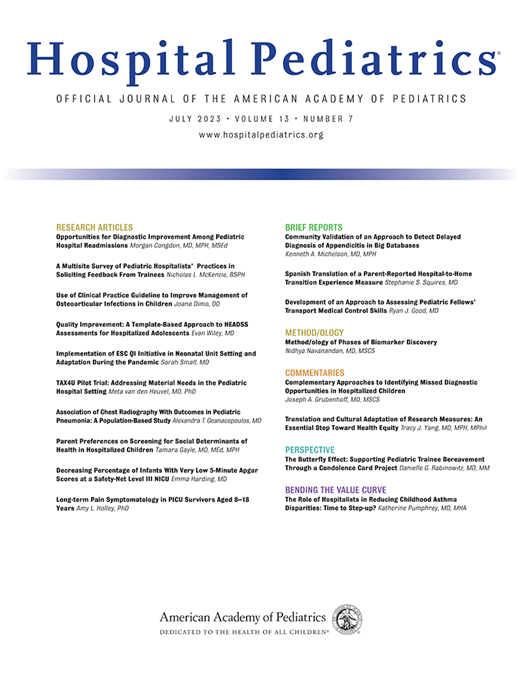 Hospital Pediatrics Cover Image for Volume 13, Issue 7