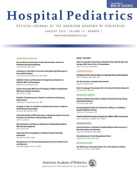 Hospital Pediatrics Cover Image for Volume 15, Issue 1