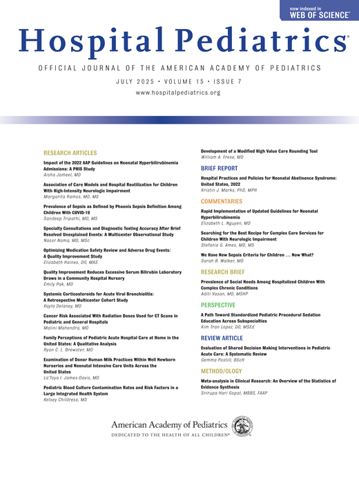 Hospital Pediatrics Cover Image for Volume 15, Issue 7