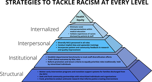 Strategies neonatal clinicians can undertake to tackle each level of racism within neonatology.