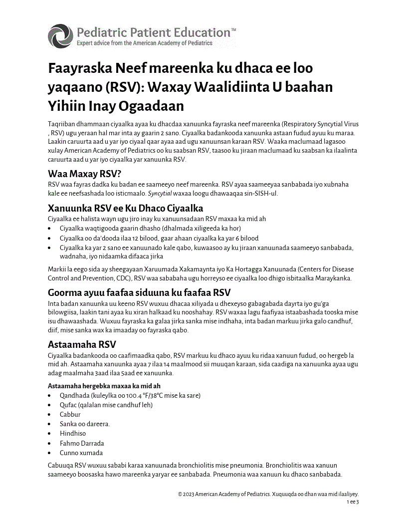 Respiratory Syncytial Virus (RSV)—Somali | Pediatric Patient Education ...
