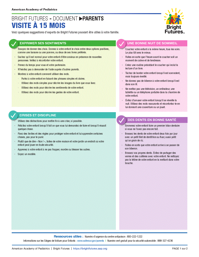 Bright Futures Parent Handout: 15 Month Visit—French | Pediatric ...