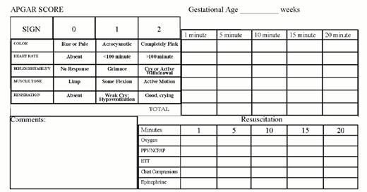 FIGURE 1. Expanded Apgar score form. Record the score in the appropriate place at specific time intervals. The additional resuscitative measures (if appropriate) are recorded at the same time that the score is reported using a check mark in the appropriate box. Use the comment box to list other factors including maternal medications and/or the response to resuscitation between the recorded times of scoring. PPV/NCPAP indicates positive-pressure ventilation/nasal continuous positive airway pressure; ETT, endotracheal tube.