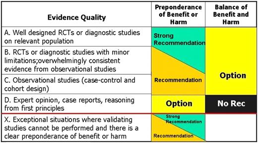 FIGURE 1. Evidence quality. Integrating evidence quality appraisal with an assessment of the anticipated balance between benefits and harms if a policy is carried out leads to designation of a policy as a strong recommendation, recommendation, option, or no recommendation. RCT, randomized controlled trial; Rec, recommendation.