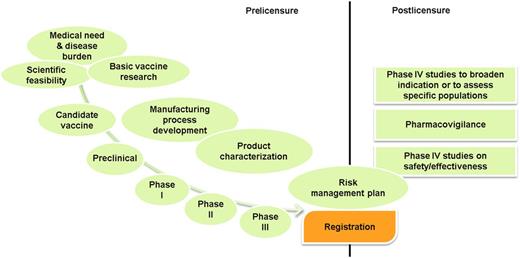 FIGURE 1. Vaccine pipeline: prelicensure and postlicensure vaccine development activities. From Hardt K, Schmidt-Ott R, Glismann S, Adegbola RA, Meurice F. Sustaining vaccine confidence in the 21st century. Vaccines. 2013;1(3):204–224. Copyright © 2013 by the authors; licensee MDPI, Basel, Switzerland. Reproduced under the terms and conditions of the Creative Commons Attribution license (http://creativecommons.org/licenses/by/3.0/). 
