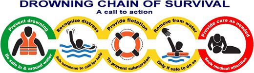 FIGURE 1. Drowning chain of survival. (Reprinted with permission from Szpilman D, Webber J, Quan L, et al. Creating a drowning chain of survival. Resuscitation. 2014;85[9]:1151.)