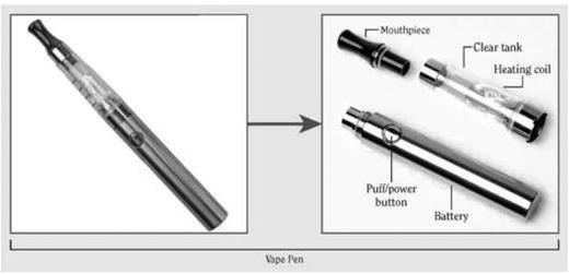 FIGURE 1. E-cigarette components. (Adapted from E-Cigarette Use Among Youth and Young Adults: A Report of the Surgeon General. US Department of Health and Human Services; Centers for Disease Control and Prevention; National Center for Chronic Disease Prevention and Health Promotion; Office on Smoking and Health. Atlanta, GA: US Department of Health and Human Services; 2016:12.)