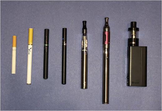 FIGURE 2. E-cigarette design variability. Seen on the far left is a conventional cigarette. The earlier e-cigarettes (first generation) have a similar shape as a conventional cigarette (second, third, and fourth from the left). The second-generation e-cigarettes (fifth and sixth from the left) have refillable clear reservoirs for the e-liquid and are often known as vape pens. The third-generation e-cigarettes (far right) often have the ability to modify wattage and voltage and are thus known as mods.