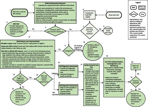 FIGURE 1. Mental health (MH) care in pediatric practice. ACE, adverse childhood experience; RHS, routine health supervision; S-E, social-emotional.