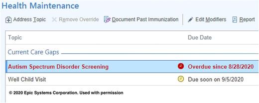 FIGURE 1. EHR automatic reminder for autism screening implemented in phase 2 for intervention and community clinics.