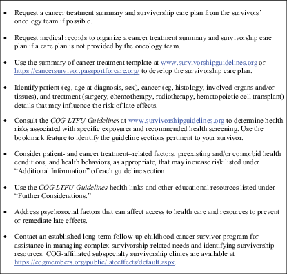 FIGURE 3. How to use the COG LTFU Guidelines to plan cancer survivorship care.