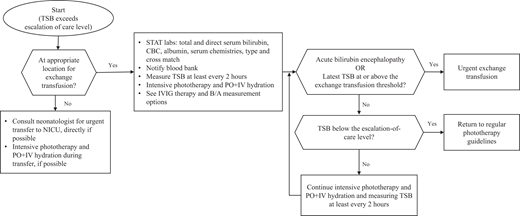 Approach to escalation of care. The escalation-of-care threshold is 2 mg/dL below the exchange transfusion threshold. IVIG, intravenous immune globulin; B/A, bilirubin to albumin ratio.