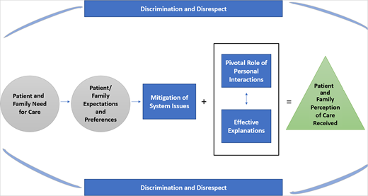 Themes contributing to perceptions of care experience. This figure illustrates the way in which themes contribute to the patient or family care journey. Experiences navigating the care system before the visit, when considered in combination with personal interactions and explanation during the visit, result in the overall patient or family perception of care. Respect and discrimination is an overarching theme that affects all aspects of the care journey, setting expectations on the basis of previous experiences which are reinforced or ameliorated during subsequent experience. (Key: blue rectangle = theme identified from interviews; gray circle = other factor; green triangle = resulting perception of care).