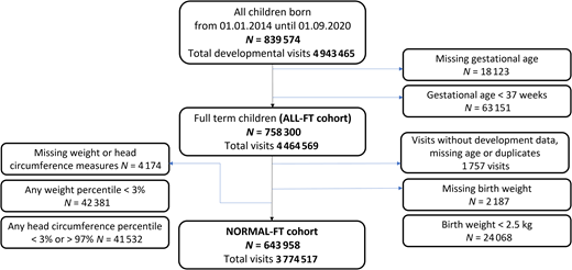 Study participant flowchart for the cohort of all full-term born children (ALL-FT) and for the cohort of healthy, typically developing children (NORMAL-FT).