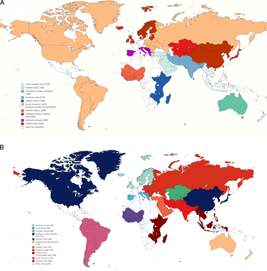 Geographical variation of (A) pooled incidence of acute kidney injury and (B) acute kidney injury-associated mortality.
