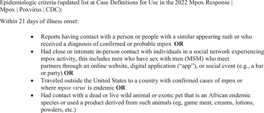Epidemiologic criteria. See https://www.cdc.gov/poxvirus/monkeypox/clinicians/case-definition.html for Case Definitions for Use in the 2022 Mpox Response.
