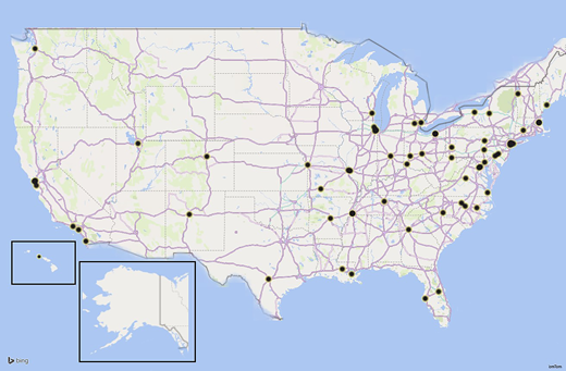 Map of represented pediatric hospitals. Each black dot indicates a pediatric hospital that had a representative participate in our interview study.
