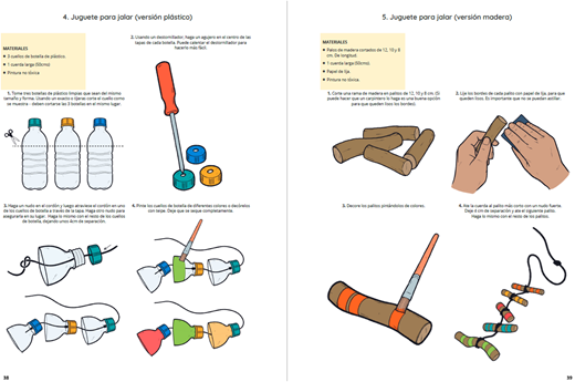 Sample toy manual page from the Venezuela crisis adaptation which offers options to create a simple pull-along toy from either plastic bottles or wooden sticks, on the basis of what is locally available.