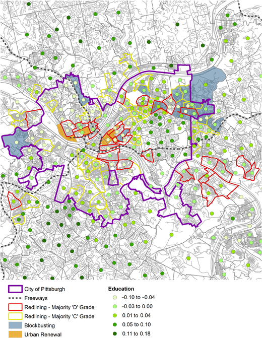 Map of Pittsburgh, Pennsylvania, with SRBE measures from 1930 to 1980 and children’s educational opportunities in 2015.