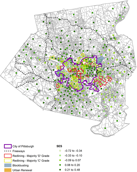 Map of Allegheny County, Pennsylvania, with SRBE measures from 1930 to 1980 and children’s socioeconomic opportunities in 2015.