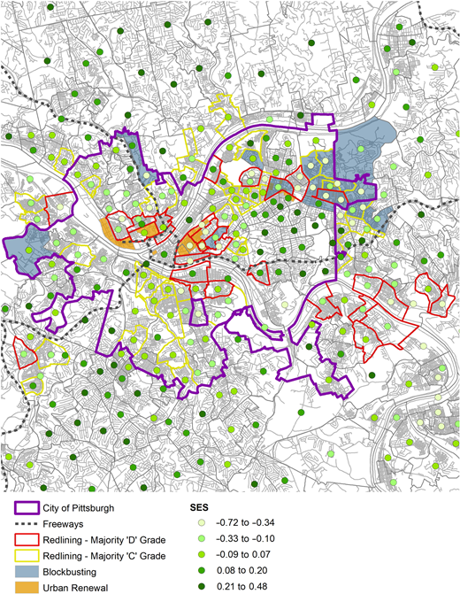 Map of Pittsburgh, Pennsylvania, with SRBE measures from 1930 to 1980 and children’s socioeconomic opportunities in 2015.