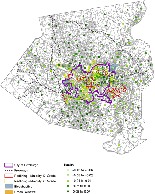 Map of Allegheny County, Pennsylvania, with SRBE measures from 1930 to 1980 and children’s opportunities for healthy development in 2015.