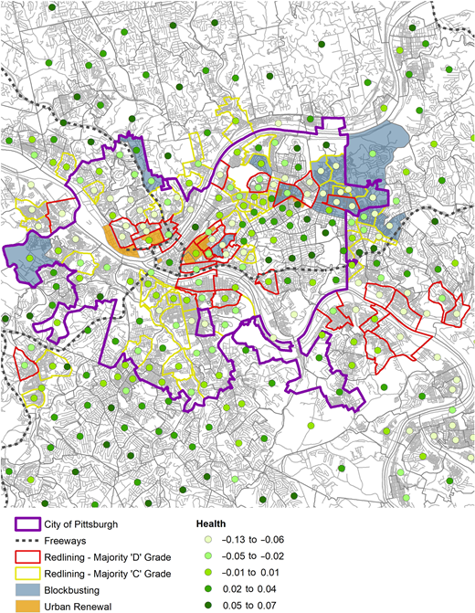 Map of Pittsburgh, Pennsylvania, with SRBE measures from 1930 to 1980 and children’s opportunities for healthy development in 2015.