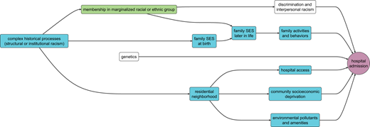A causal DAG used to estimate the direct and indirect racial inequities in pediatric hospitalizations.
