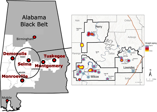 Heat map of location of enrolled children living in homes with “straight-pipes” within 3 counties of the Alabama Black Belt.