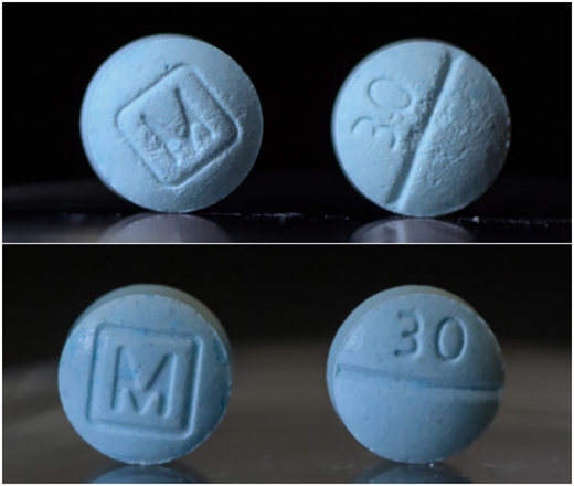 Drug Enforcement Administration images. Top, authentic oxycodone; bottom, counterfeit pills containing fentanyl.