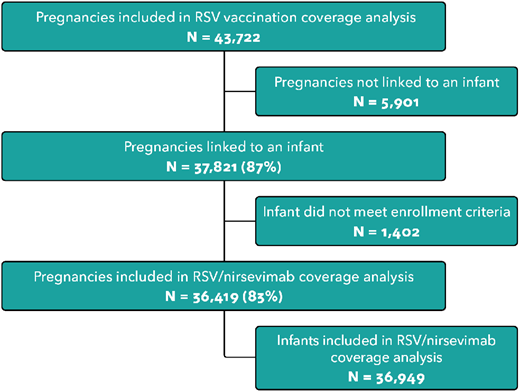 Study consort diagram. From eligible pregnancies, linked infants with 30 days or more of Vaccine Safety Datalink enrollment that began within 90 days of birth were included in analyses. Analysis was not restricted to singleton pregnancies; thus, the final, infant-level analyses included more infants than eligible pregnancies.