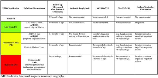 Suggested Subsequent POSTNATAL Management Based Upon Initial Postnatal Ultrasound. fMRU indicates functional magnetic resonance urography. Most studies evaluating risk factors for UTI with UTD and/or VUR have excluded known uropathies. It is recommended that children with these diagnoses be considered high risk, as most are associated with obstructive uropathy or VUR.